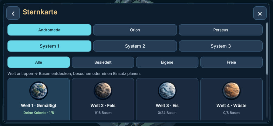 Sternkarte mit Galaxien und Welten im Handy-Querformat